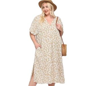Plus Size V-Neck Midi Dress in Beige Leaf Print